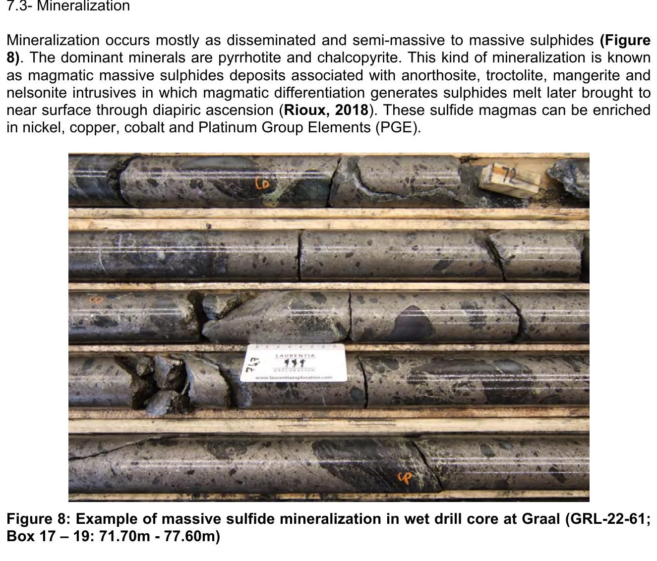 GRL-22-61 drill core, massive sulphide mineralization, Graal MHY Zone.