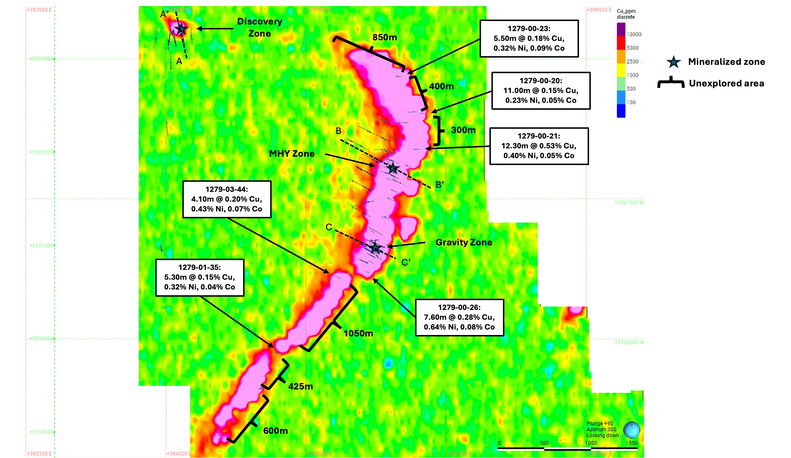 Plan view of the Graal property showing the late-time EM response, zone locations, open areas, regional drill results and section traces.